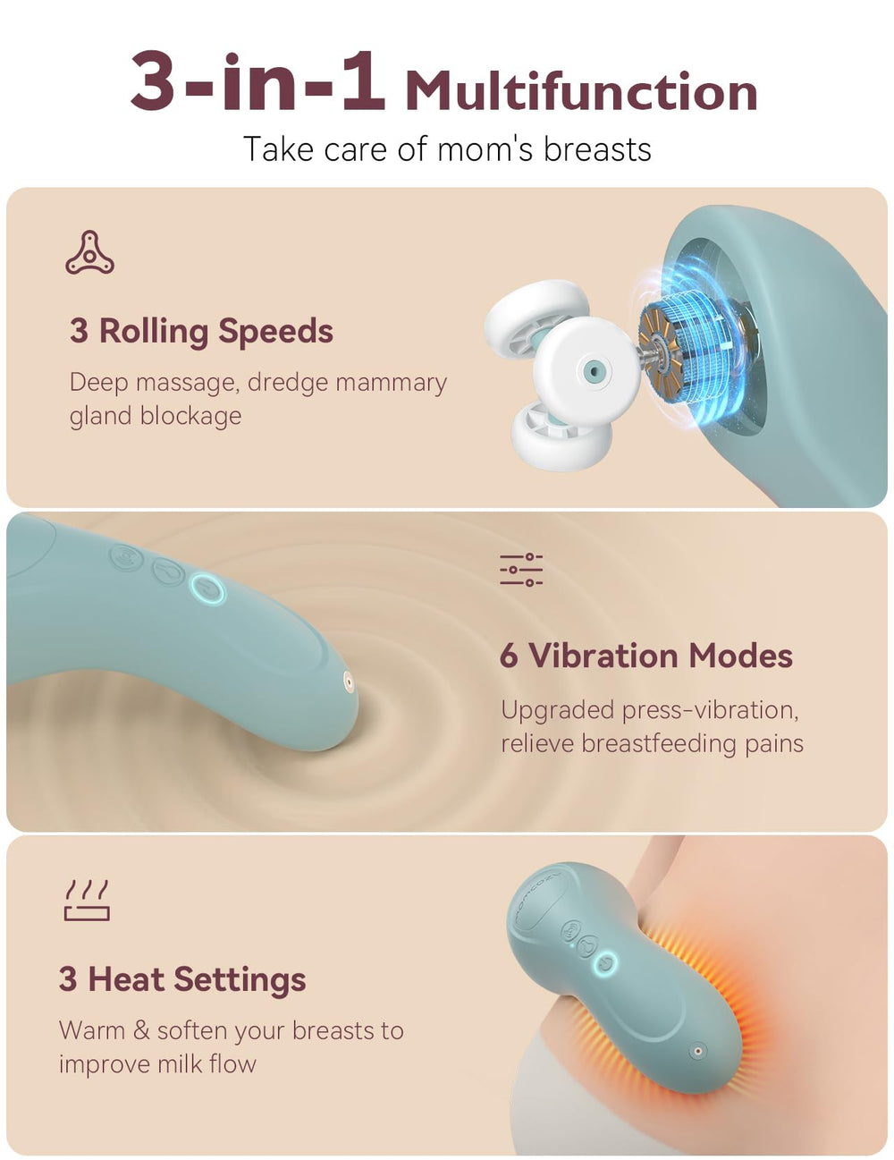 Momcozy lactation massager held in hand for ergonomic one-handed use.