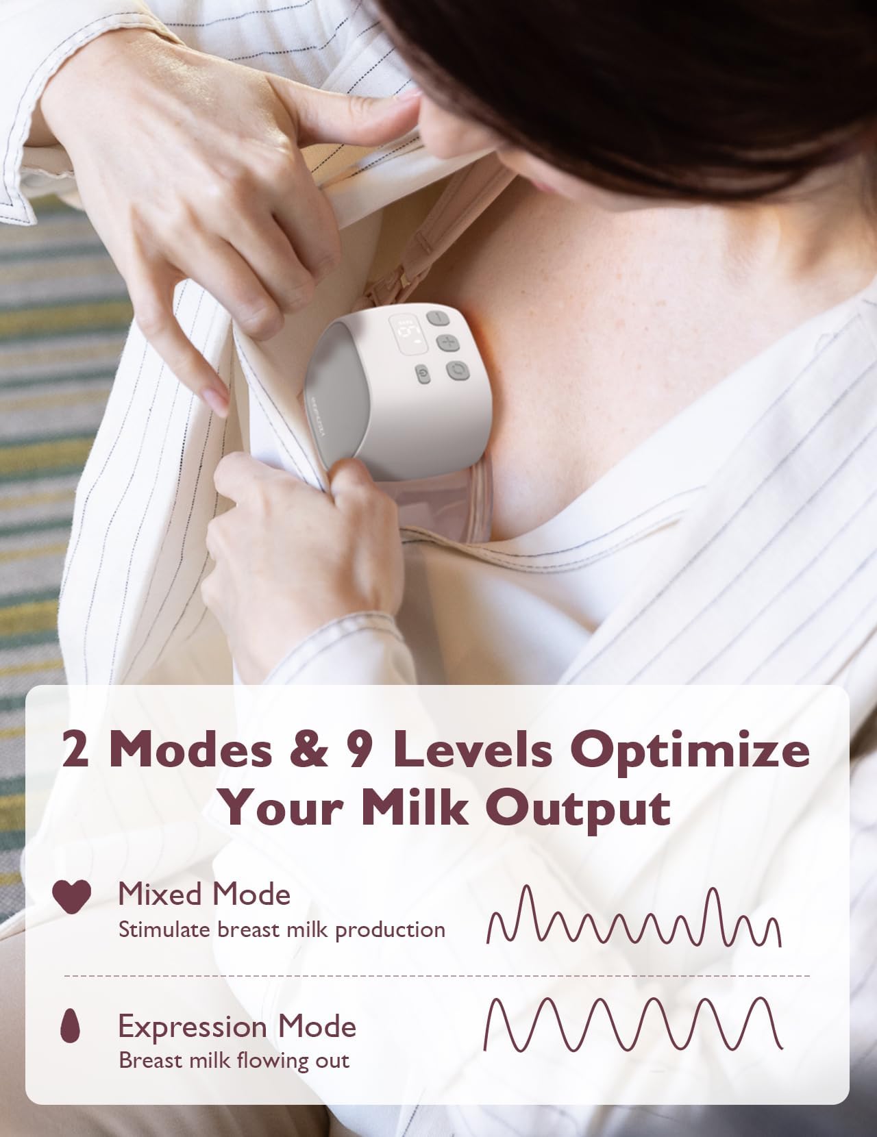 Momcozy S9 Pro LED display provides at-a-glance mode and battery status for easier pumping.