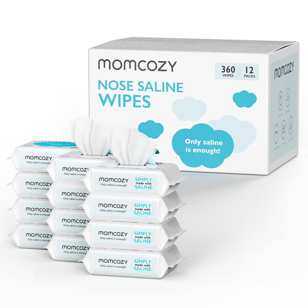 Momcozy saline nose and face wipes, pack sealed, keeps gentle wipes moist for on-the-go cleansing.
