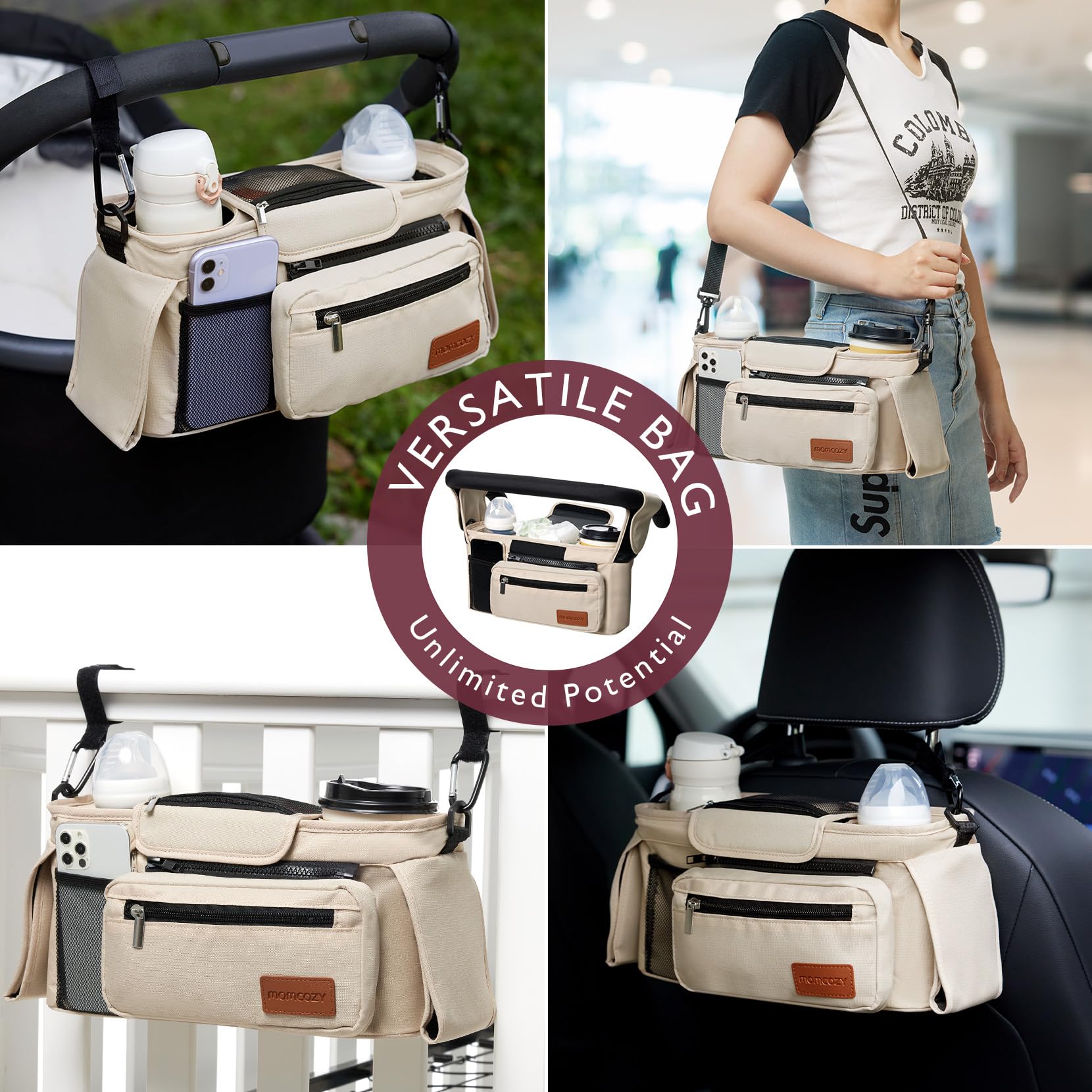 Momcozy shoulder strap for stroller organizer demonstrating crossbody wear option