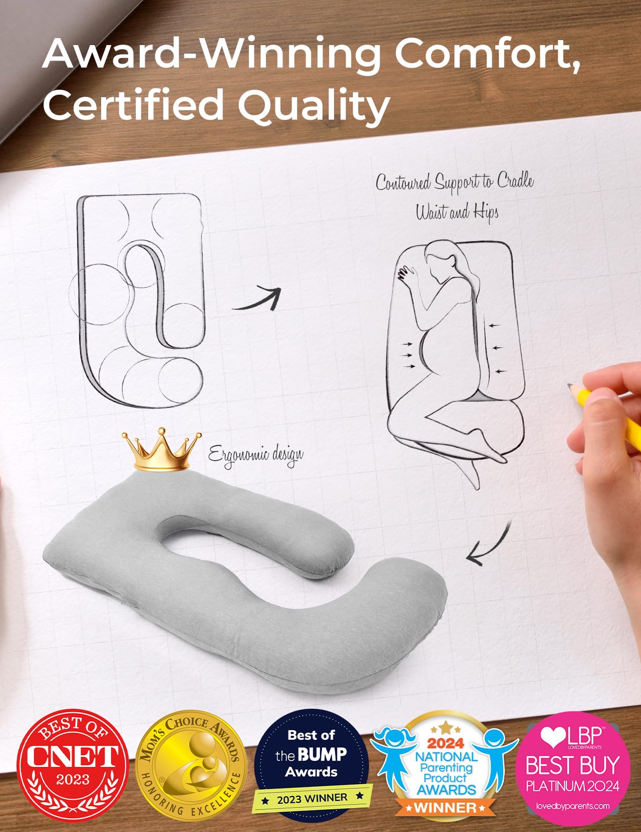 Momcozy U-shaped pillow supports side sleeping and reduces back pressure