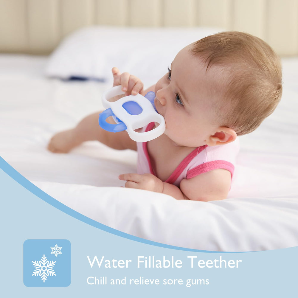Momcozy silicone teether BPA-free and safe to chew for baby comfort.
