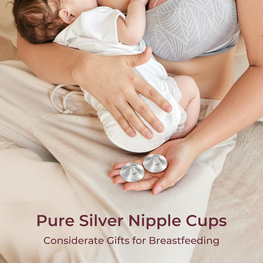 Momcozy silver nipple cover easy to use with perforation for breathable wear.