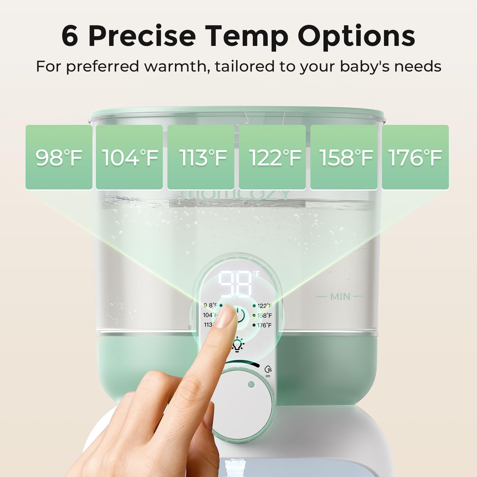 Momcozy provides six temperature options for tailored formula prep.