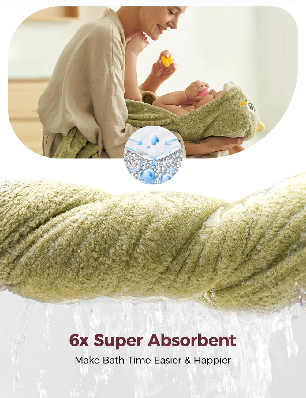 Momcozy hooded towel snaps secure-closure keeps baby wrapped after bath.
