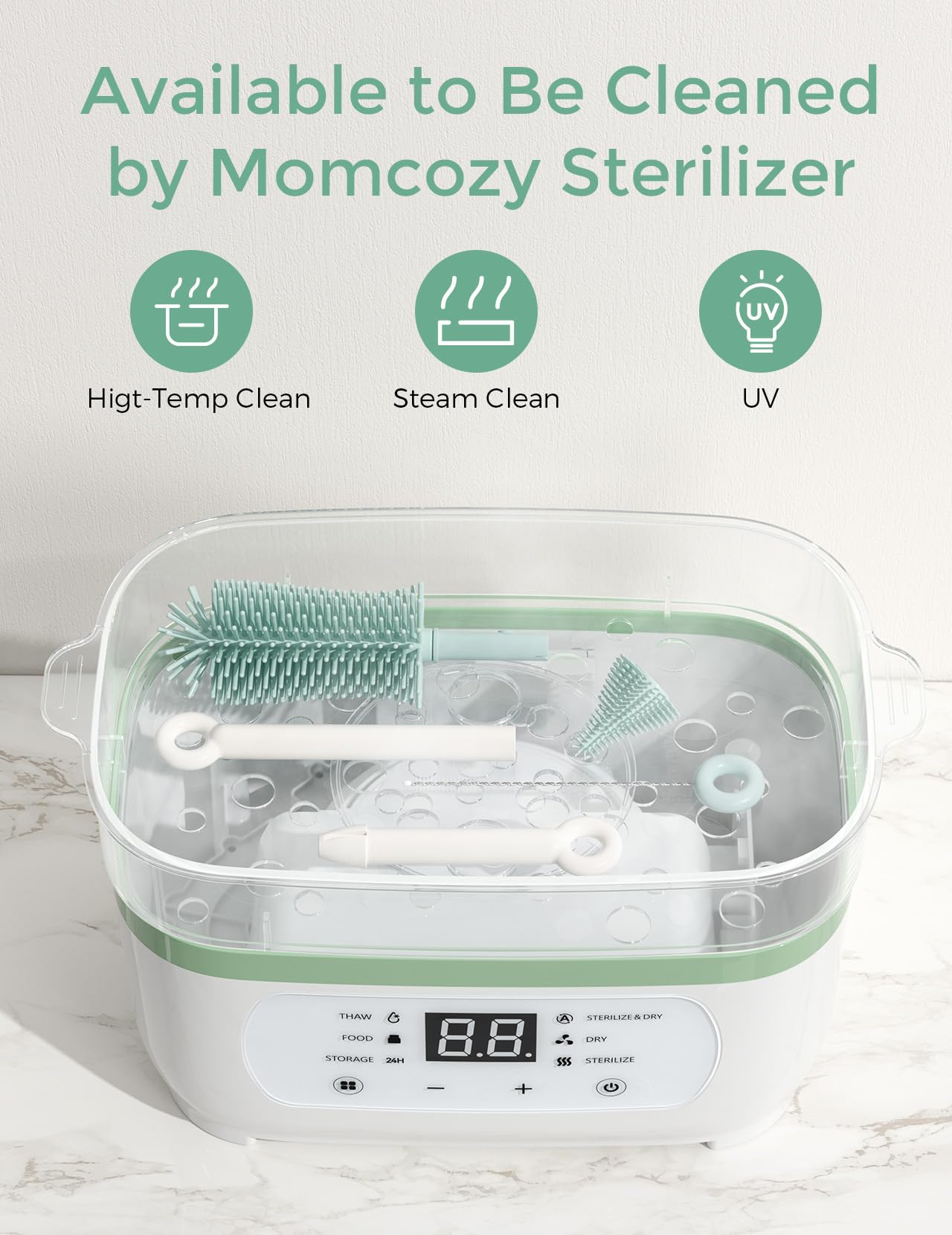 Momcozy soap dispenser included for mess-free bottle pre-washing.