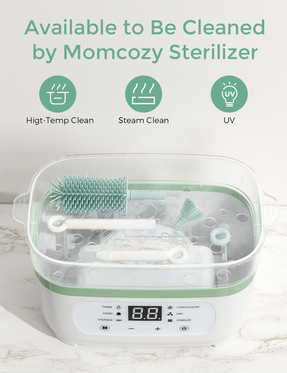 Momcozy soap dispenser included for mess-free bottle pre-washing.