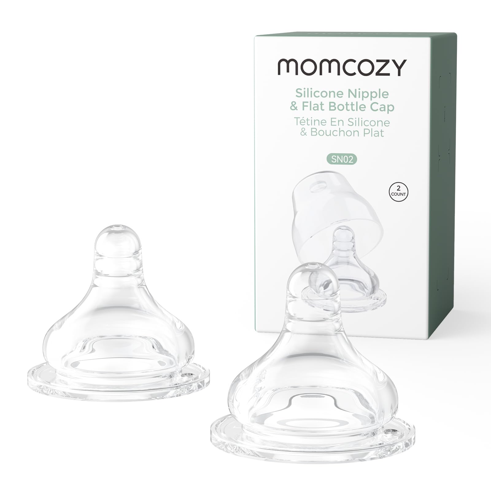 Momcozy soft baby nipple silicone for wide-neck bottles with medium flow for comfortable feeds.