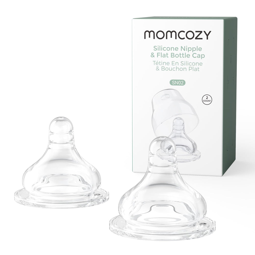 Momcozy soft baby nipple silicone for wide-neck bottles with medium flow for comfortable feeds.