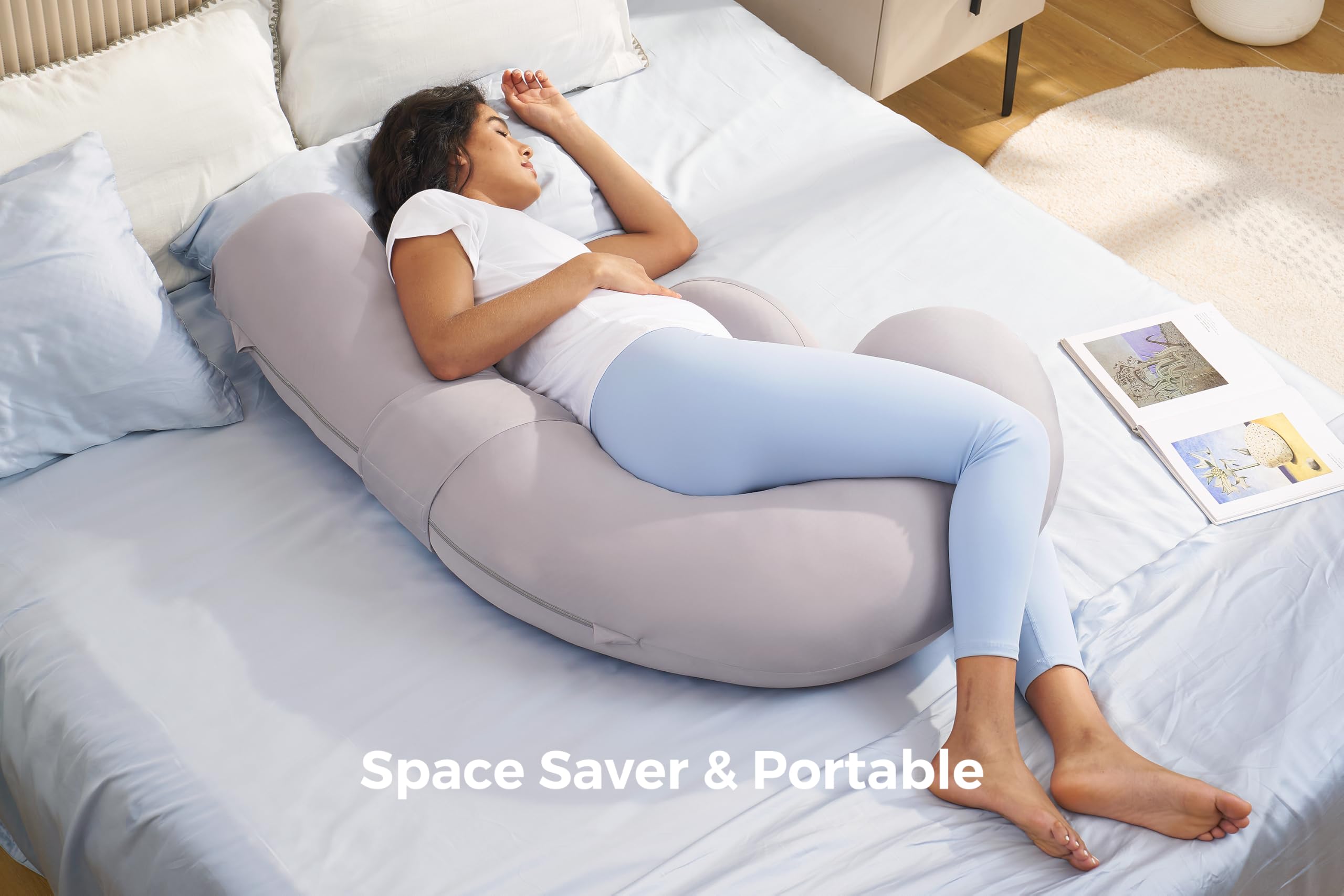 Momcozy space-saving-maternity-pillow stays by your side without crowding your partner.