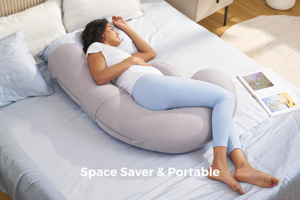 Momcozy space-saving-maternity-pillow stays by your side without crowding your partner.