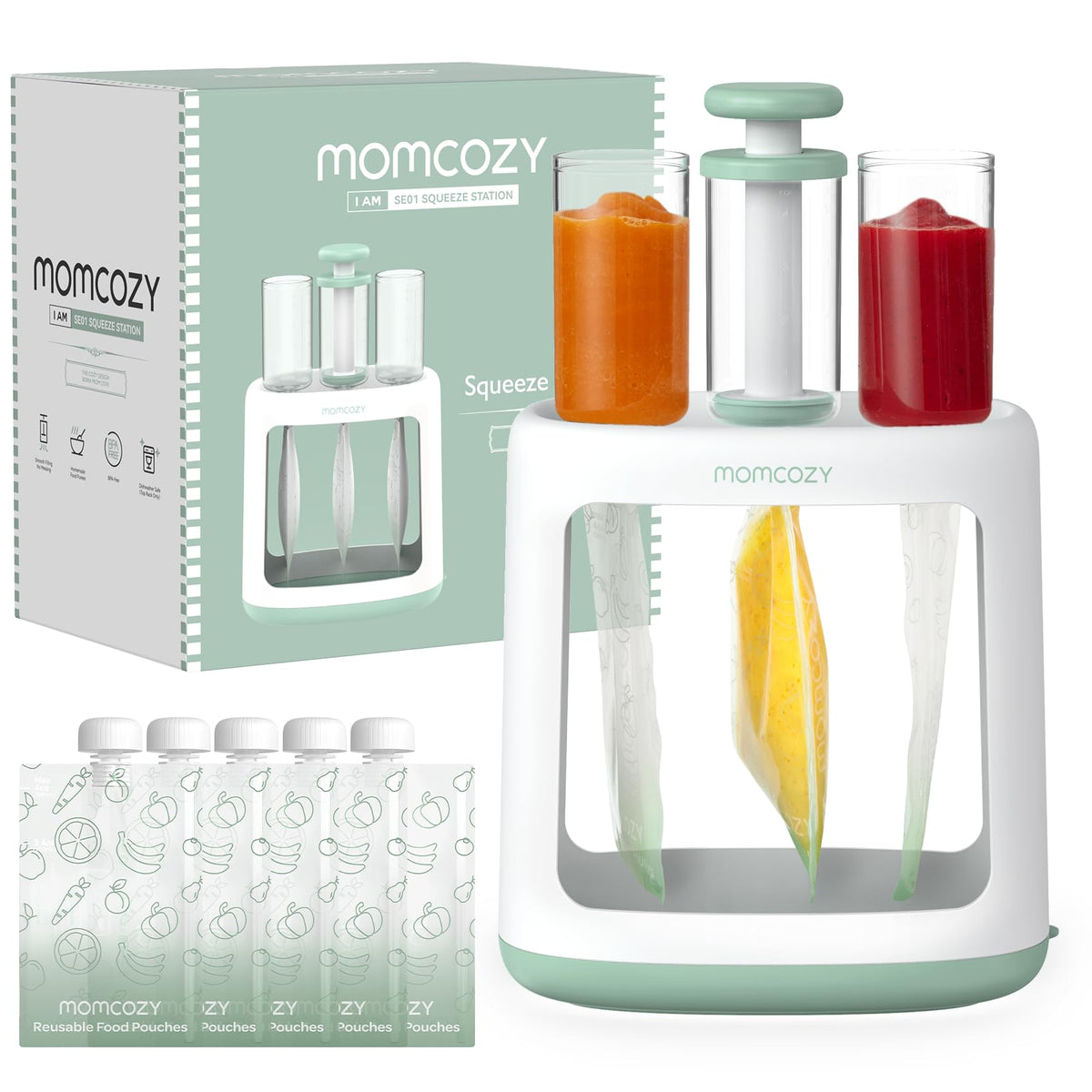 Momcozy Squeeze Station anti-splash tubing prevents puree splatter during filling.