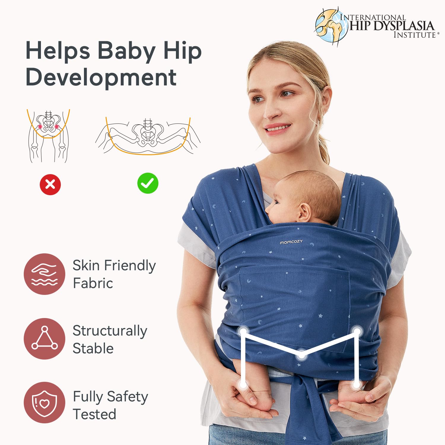 Momcozy Starry Sky wrap baby ergonomic position highlights safe hip-support.