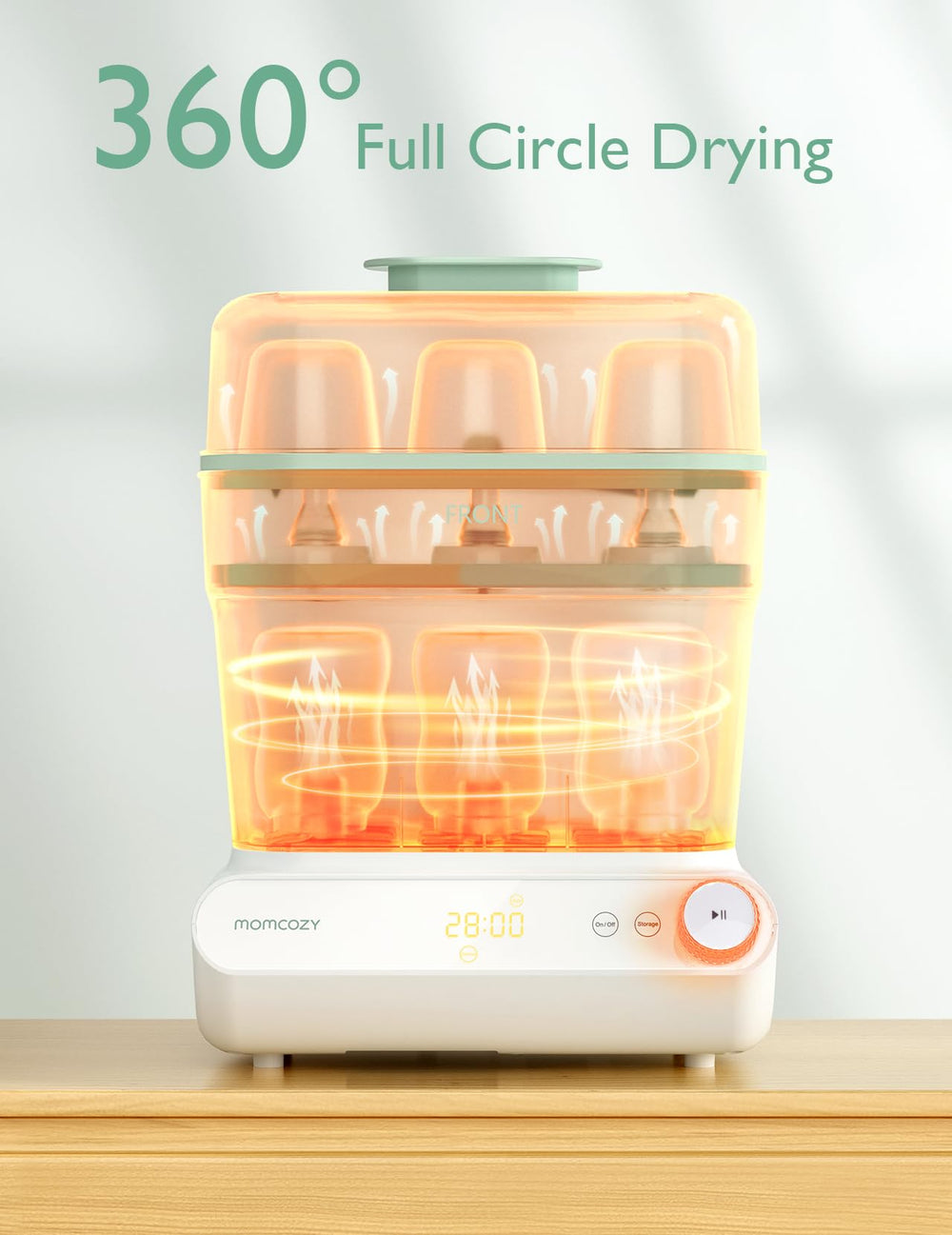 Momcozy steam sterilization in 9 minutes for quick bottle cleansing.