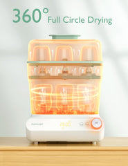 Momcozy steam sterilization in 9 minutes for quick bottle cleansing.