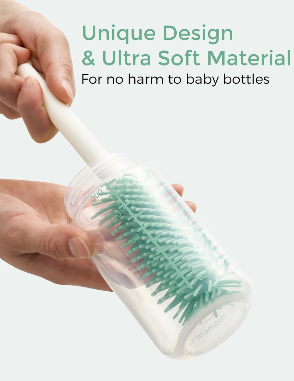 Momcozy straw cleaner brush demonstrates precise cleaning for narrow drinking straws.