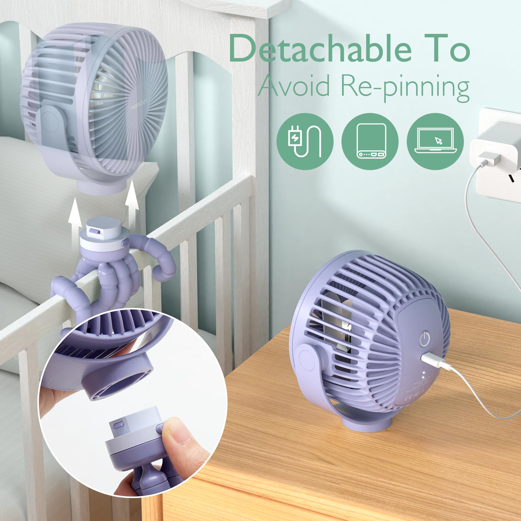 Momcozy stroller fan with detachable head and tripod for easy charging and setup