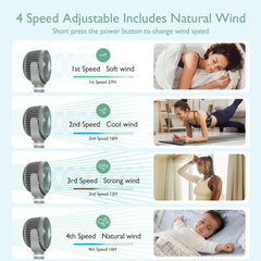 Momcozy stroller fan shows four speeds for customizable comfort on the go.