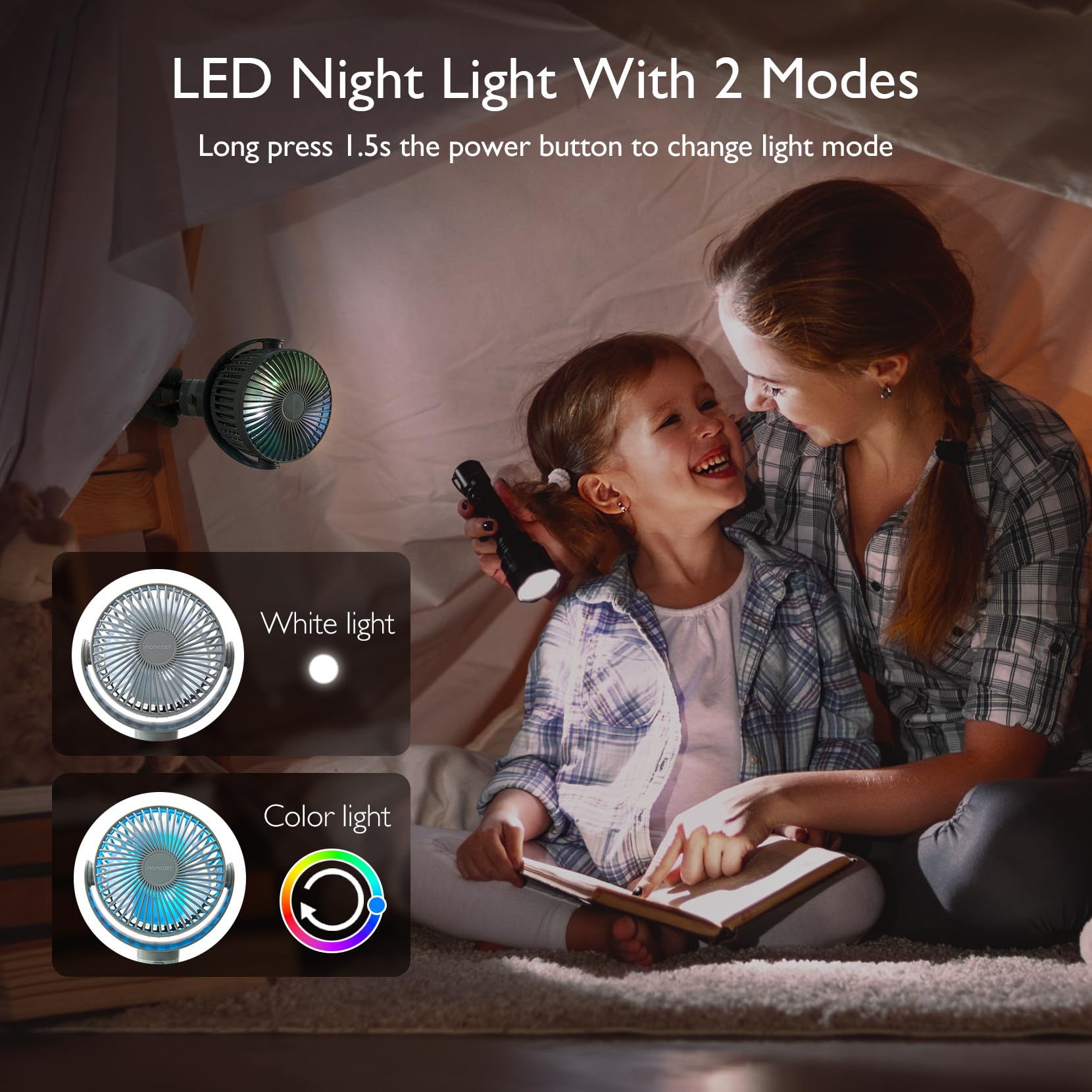 Momcozy stroller fan multi-use clip attaches to car seats and cribs.