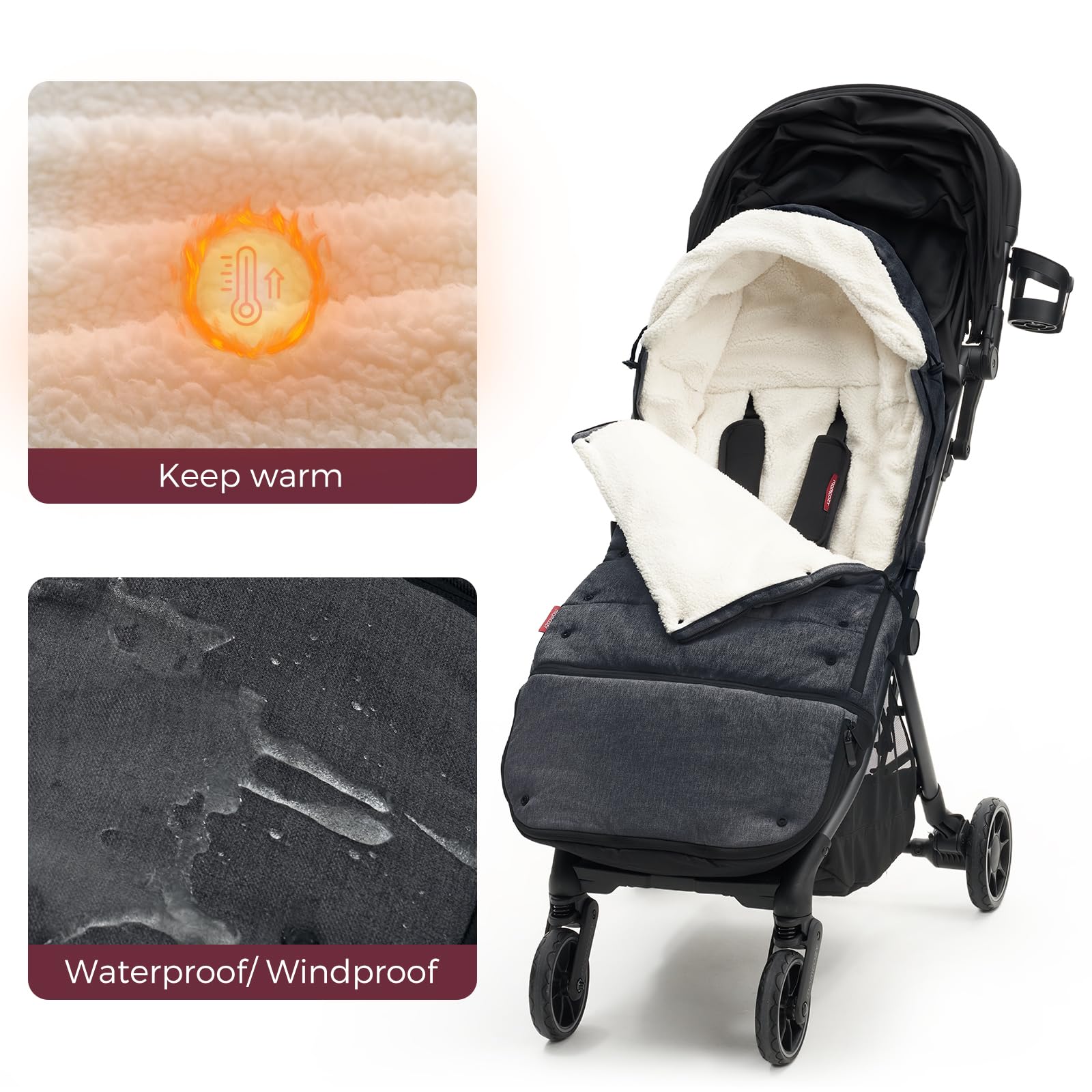 Momcozy Stroller Footmuff anti-slip back keeps it securely in place during strolls.