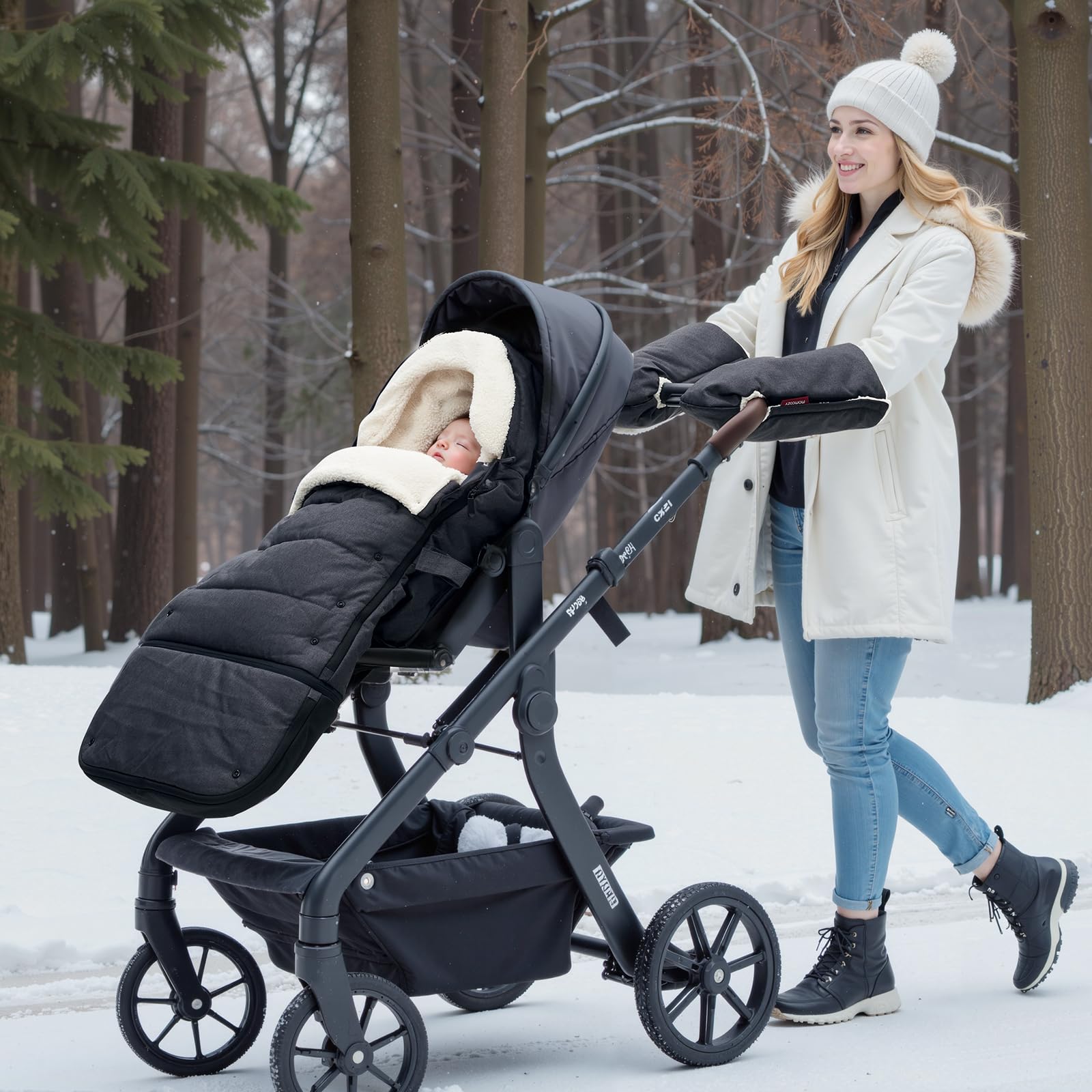 Momcozy Stroller Footmuff adjustable hood shields head from cold drafts.