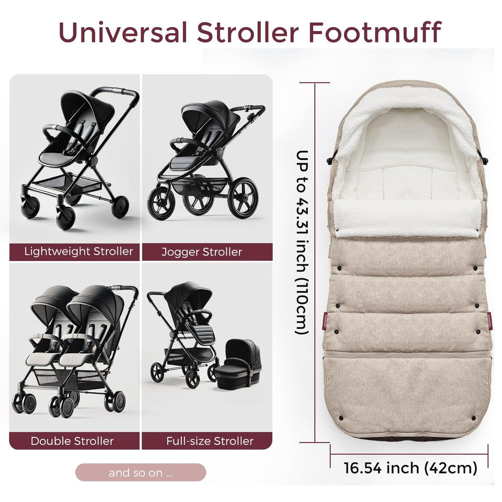 Momcozy stroller footmuff adjustable drawstring hood shields from wind.