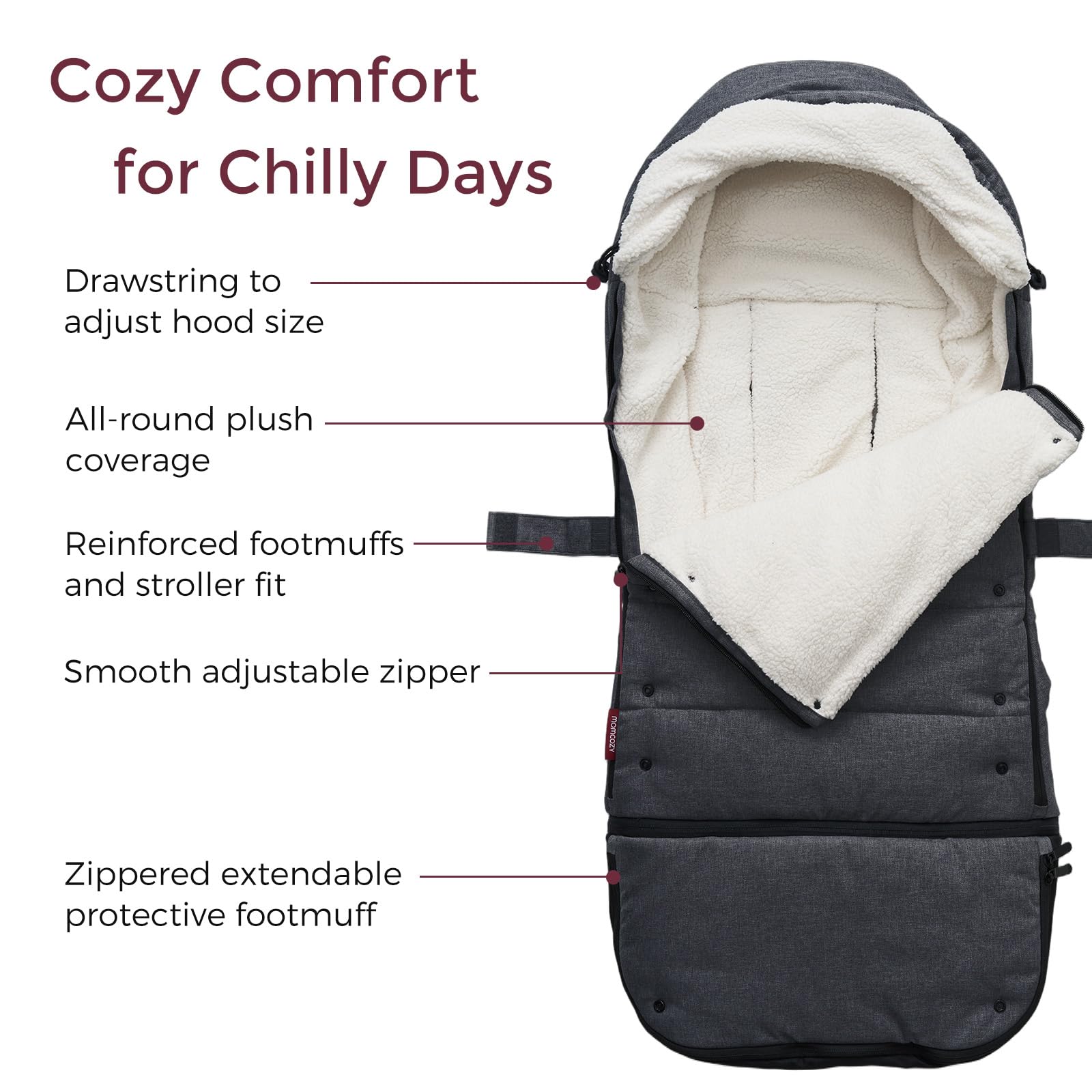 Momcozy Stroller Footmuff extendable bottom zipper adapts as baby grows.