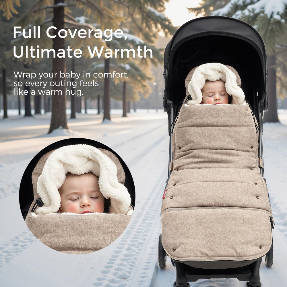 Momcozy stroller footmuff extendable bottom fits growing babies on long outings.