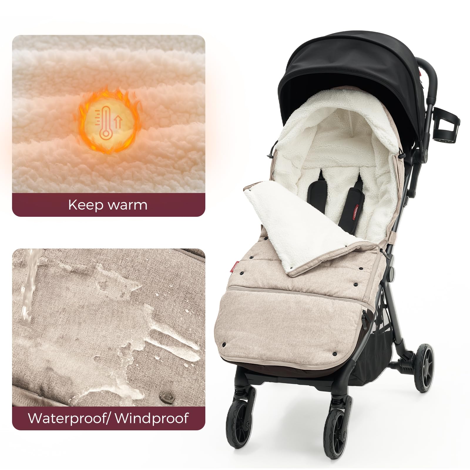 Momcozy stroller footmuff five belt slots secure harness during trips.