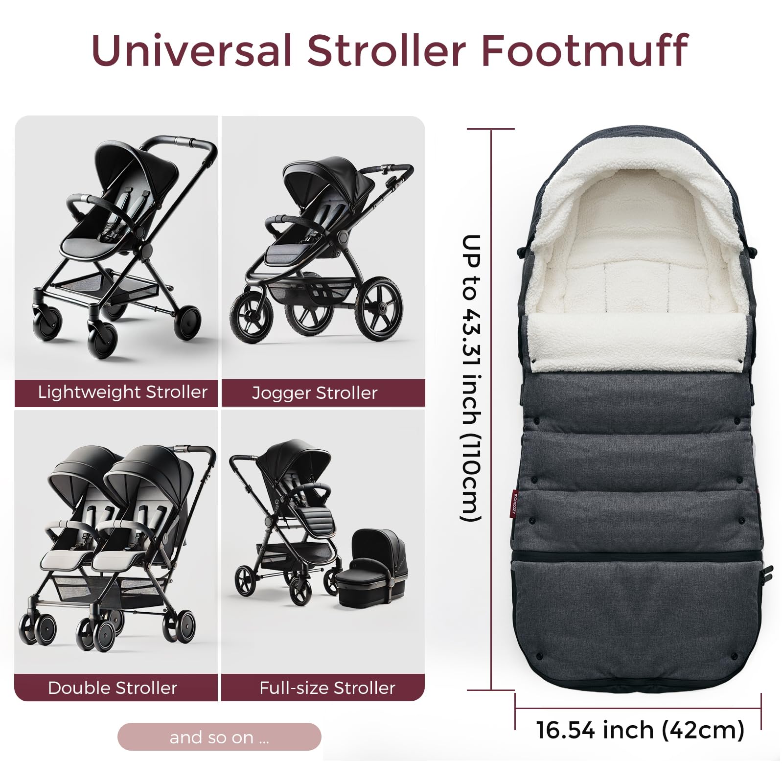  Momcozy Stroller Footmuff inner belt slots and hoops ensure secure stroller fit.