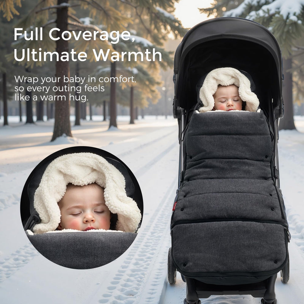 Momcozy Stroller Footmuff temperature coverage zipper highlights adjustable warmth for changing weather.