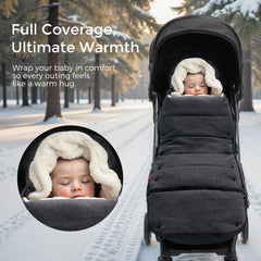 Momcozy Stroller Footmuff temperature coverage zipper highlights adjustable warmth for changing weather.