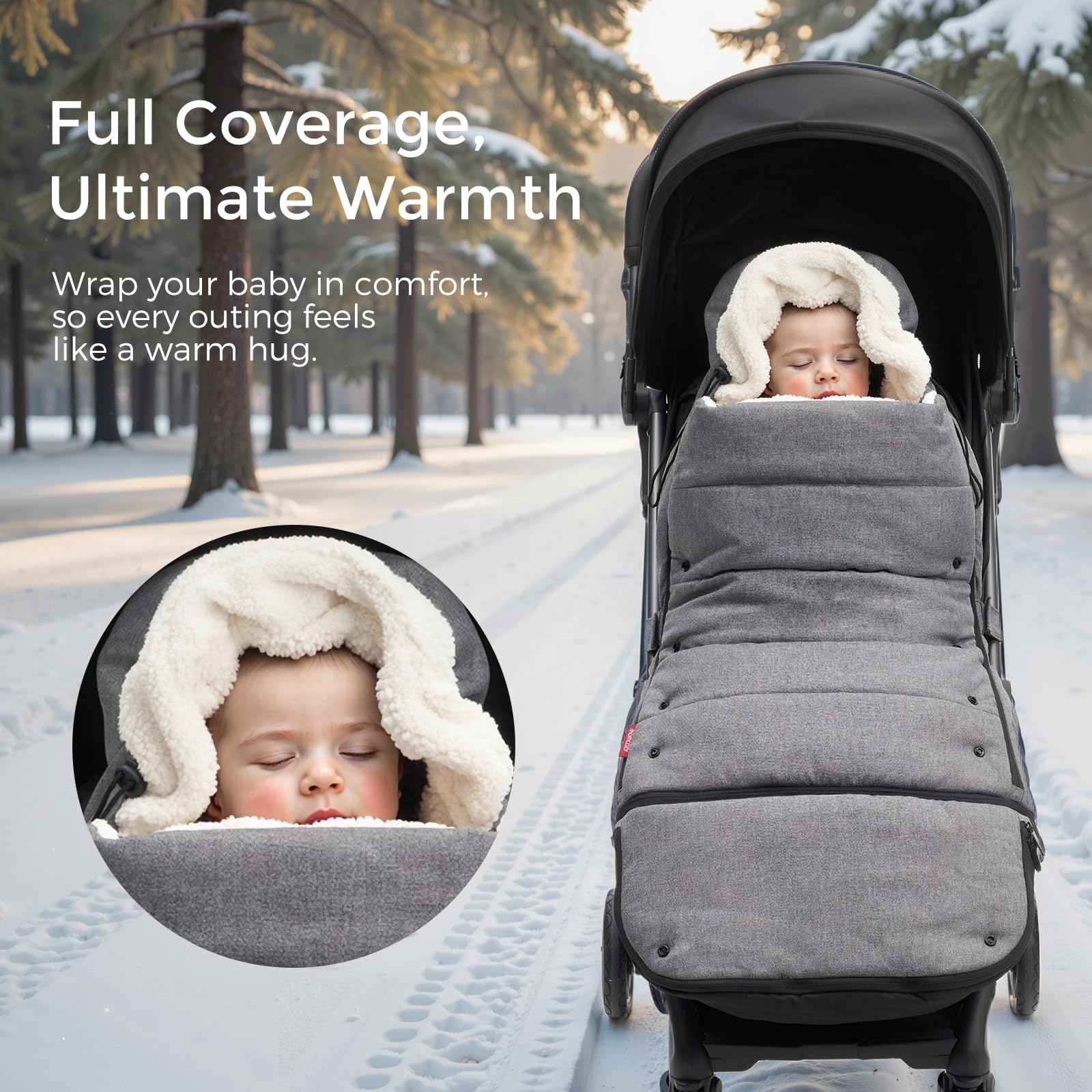 Momcozy stroller footmuff universal back view shows secure placement during walks