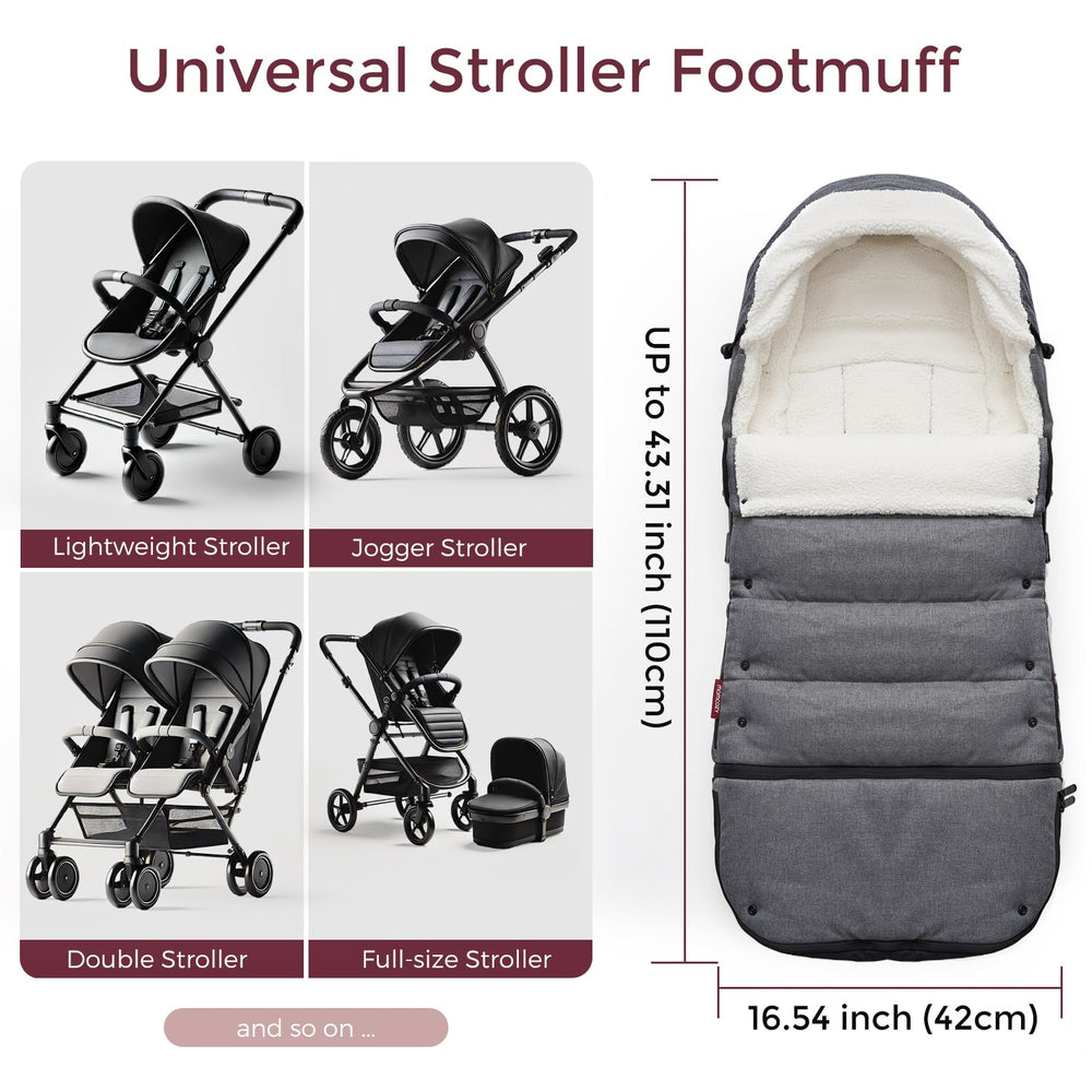 Momcozy stroller footmuff universal belt-slots highlights five safety slots for secure harnessing