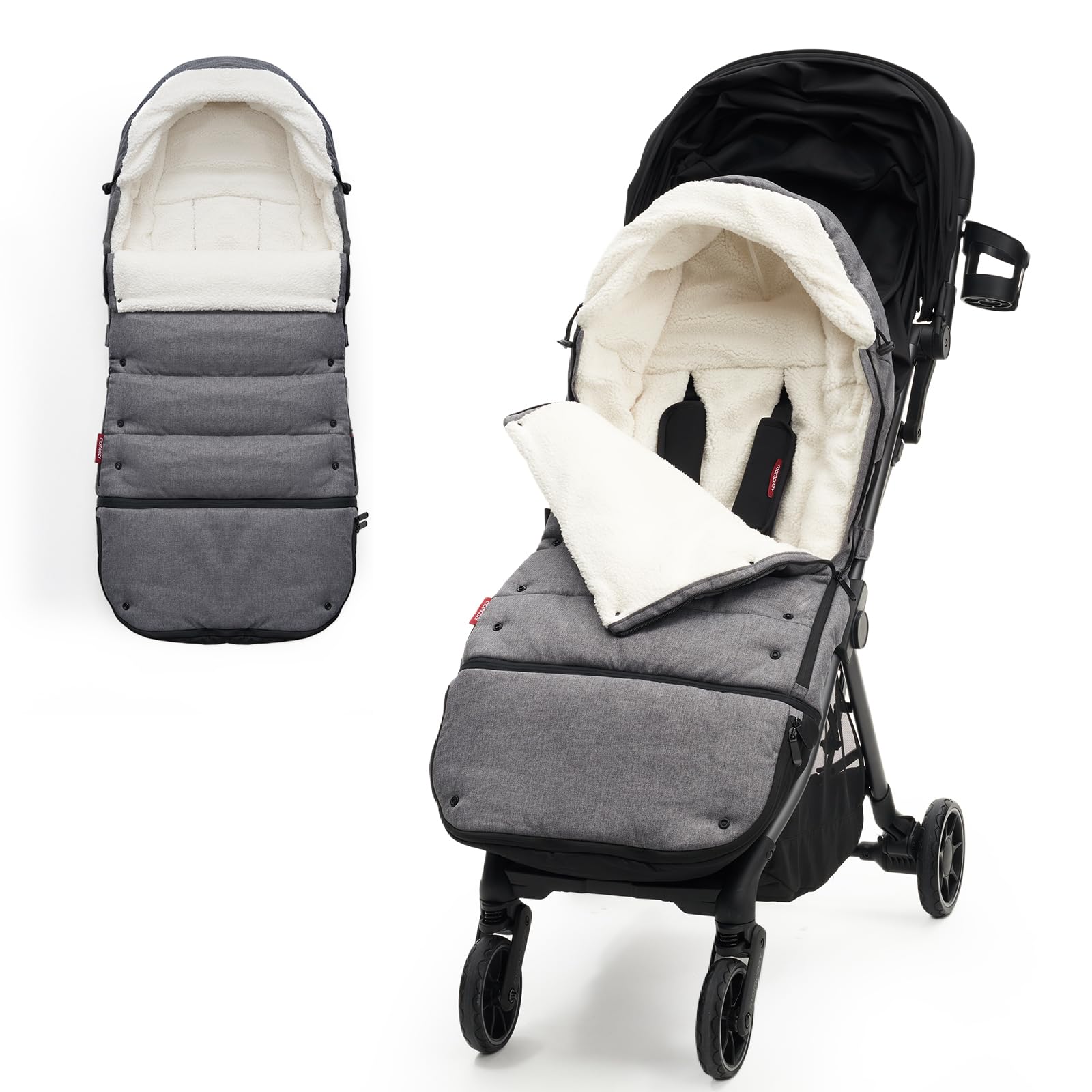 Momcozy stroller footmuff universal front view demonstrates snug fit and plush warmth