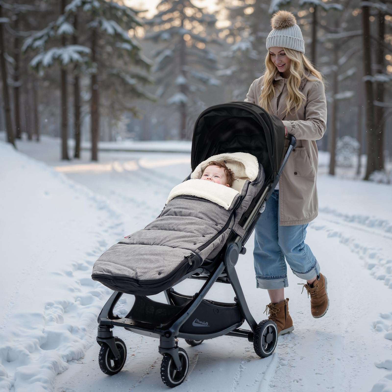 Momcozy stroller footmuff universal hood-drawstring shows adjustable warmth protection