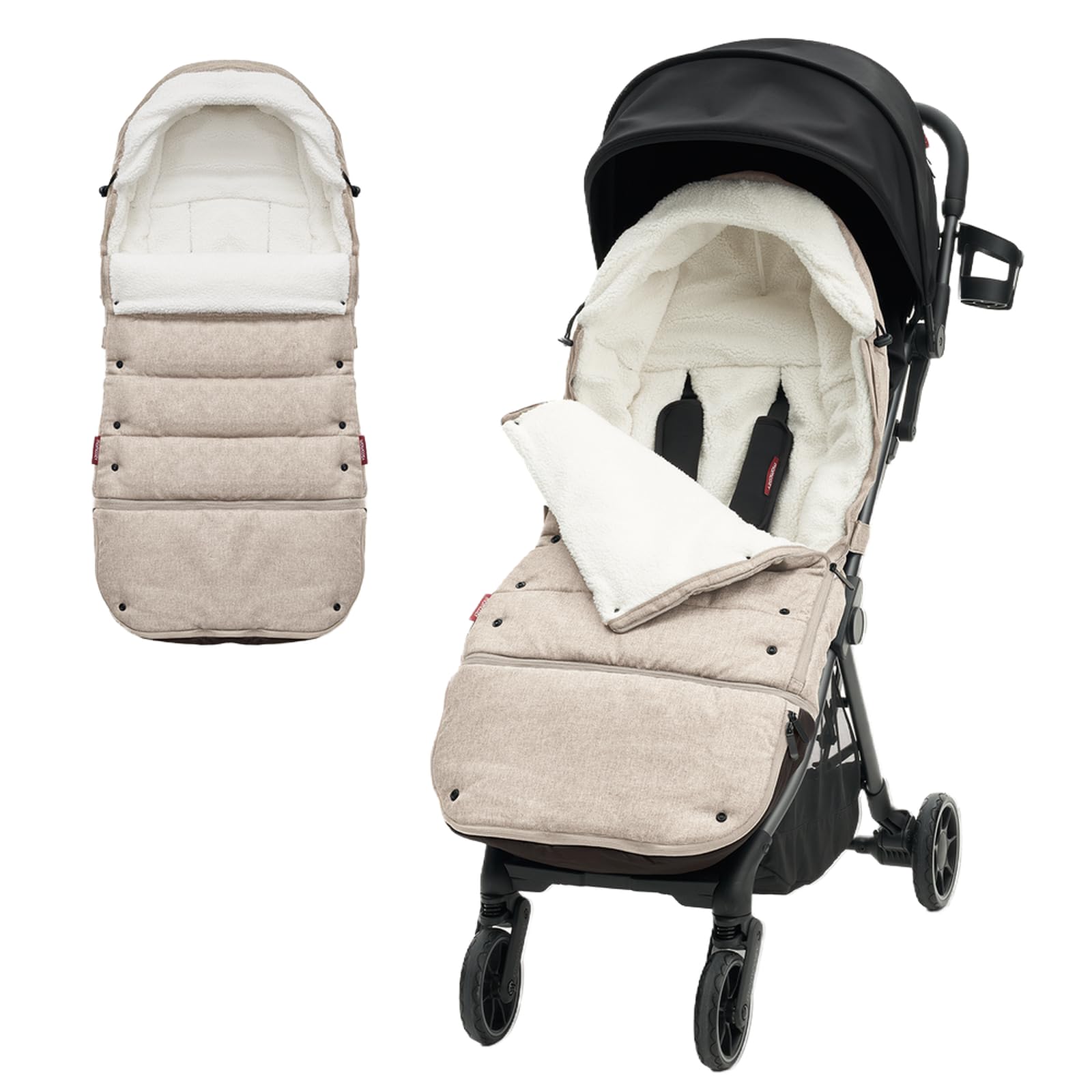 Momcozy stroller footmuff ultra-plush fabric keeps baby warm on chilly strolls.