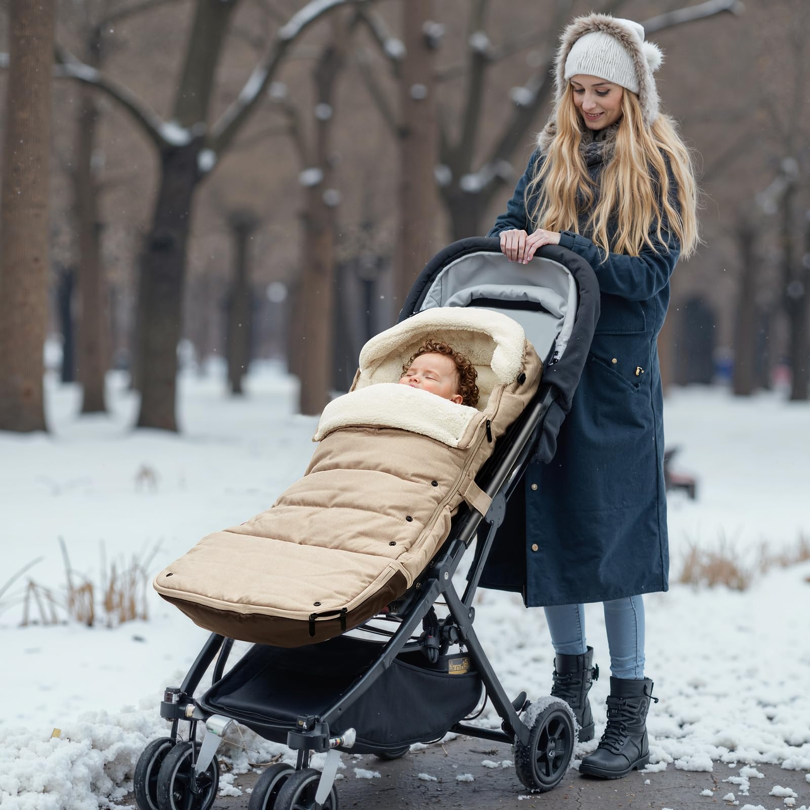 Momcozy stroller footmuff weather-proof exterior blocks wind on winter walks.