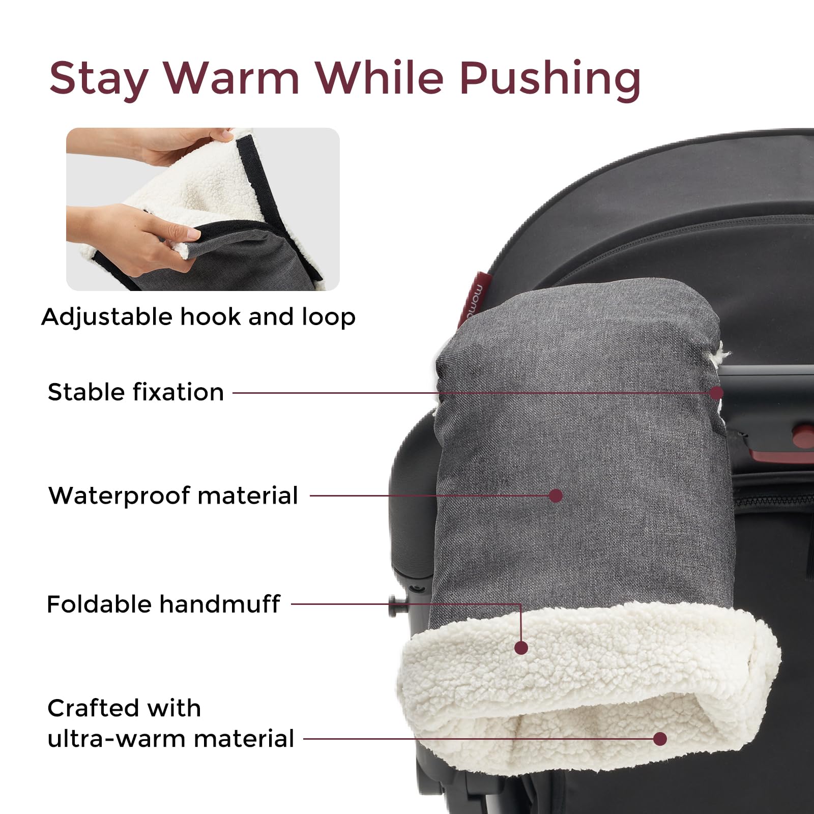 Momcozy stroller gloves universal-fit on handlebars for snug, secure grip during walks