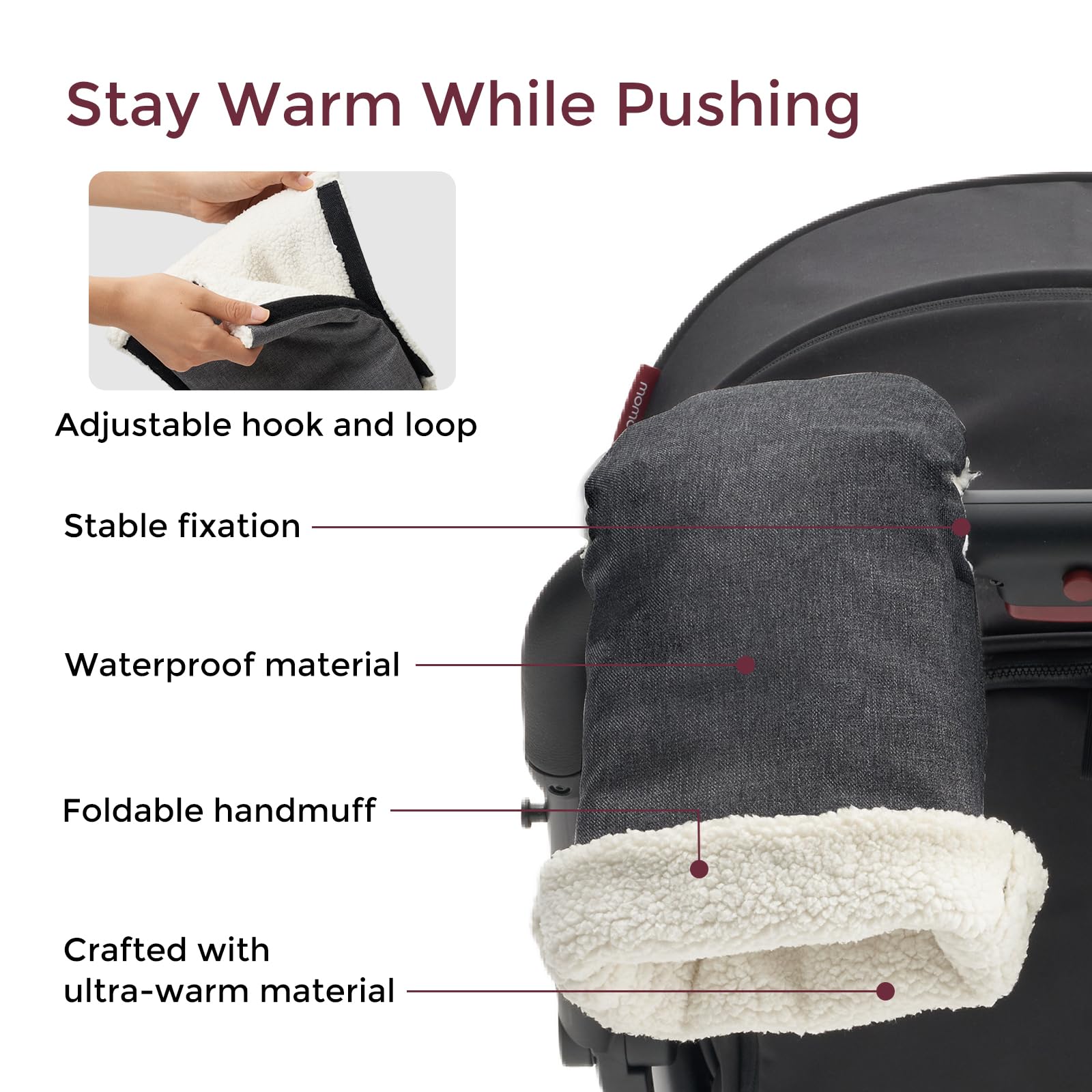 Momcozy Stroller Gloves Warmmuffs folded cuff for customizable coverage in cold weather.