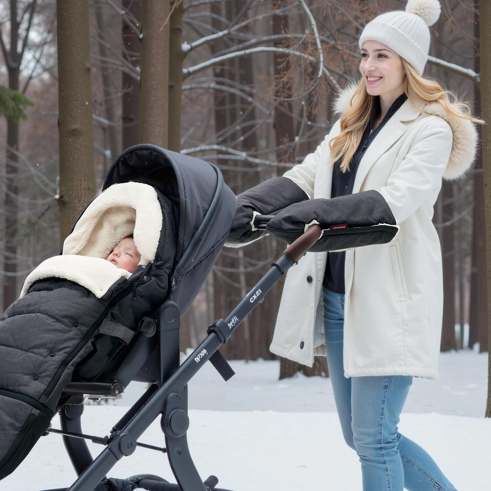 Momcozy Stroller Gloves Warmmuffs in use during shopping or pet-cart duty.