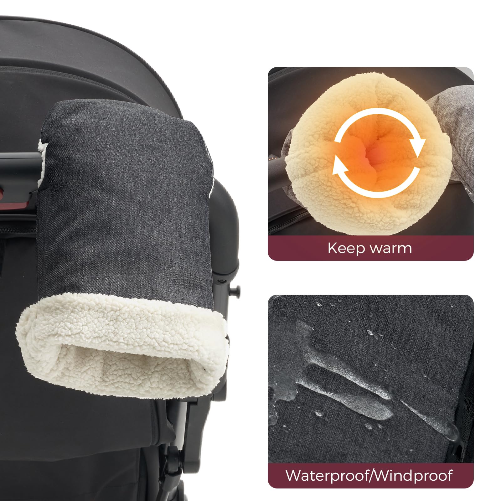 Momcozy Stroller Gloves Warmmuffs waterproof fabric keeps hands dry and warm.