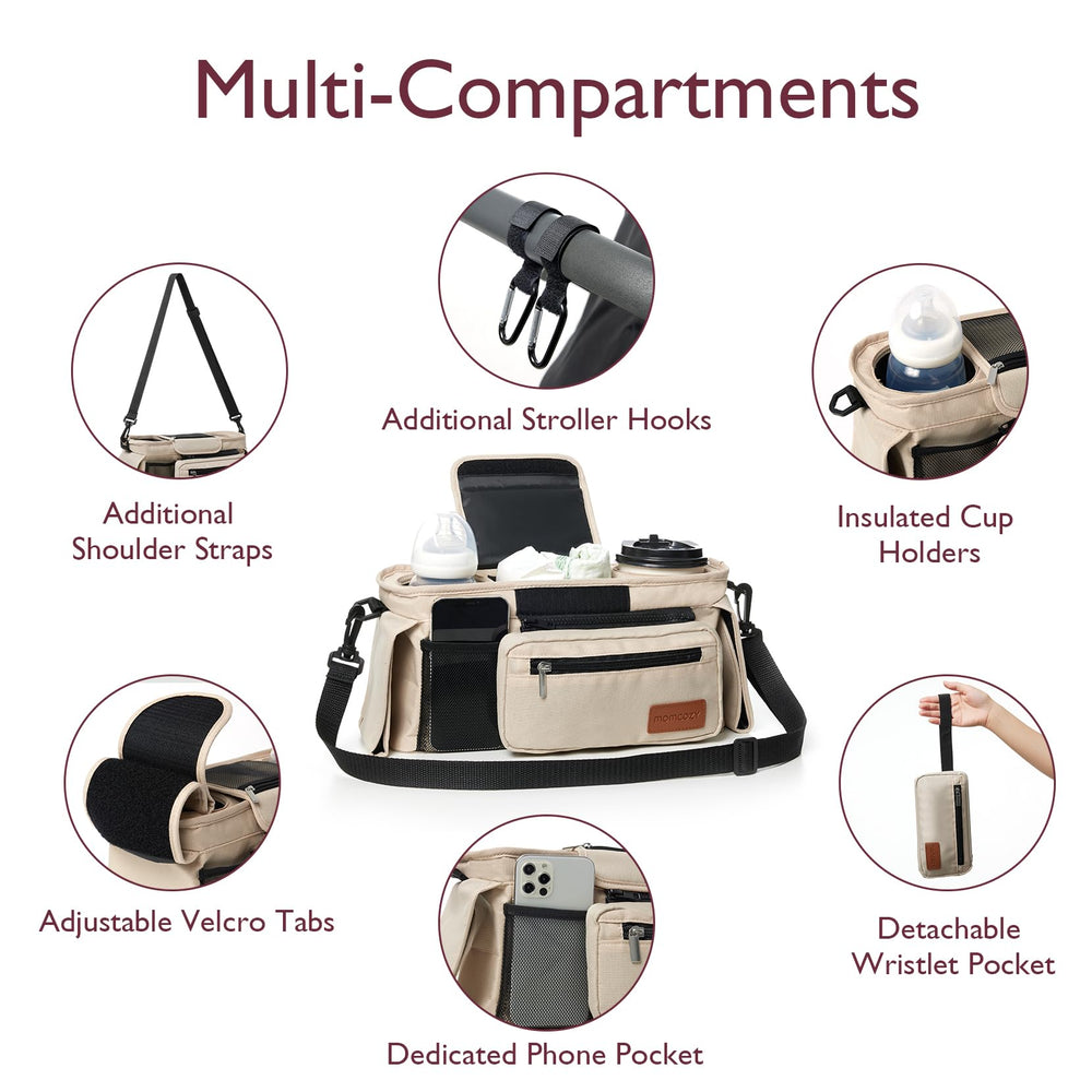 Momcozy stroller organizer cup holders close-up with insulated cups