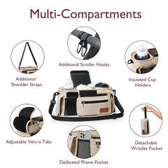 Momcozy stroller organizer cup holders close-up with insulated cups