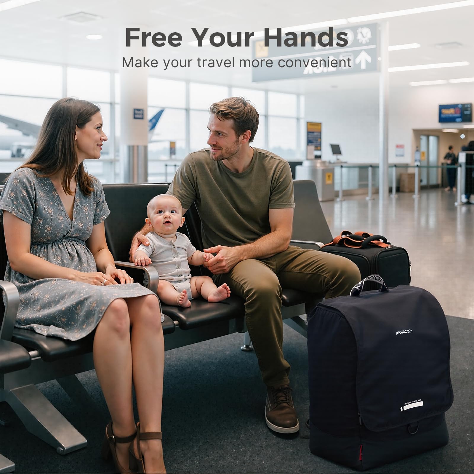 Front name tag on Momcozy bag helps prevent loss during travel.