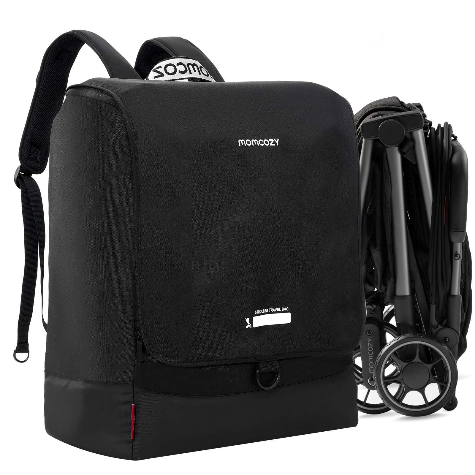 Momcozy stroller travel bag shows universal fit for most strollers, protecting gear during travel.