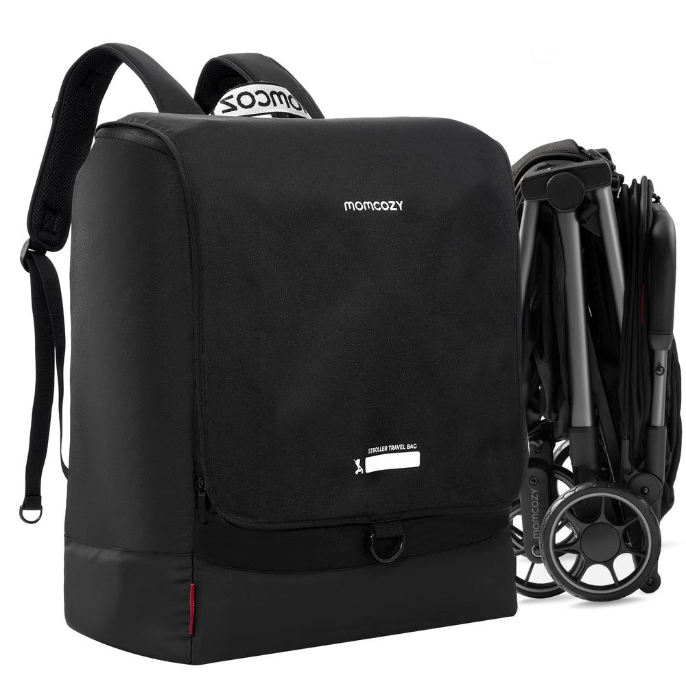 Momcozy stroller travel bag shows universal fit for most strollers, protecting gear during travel.