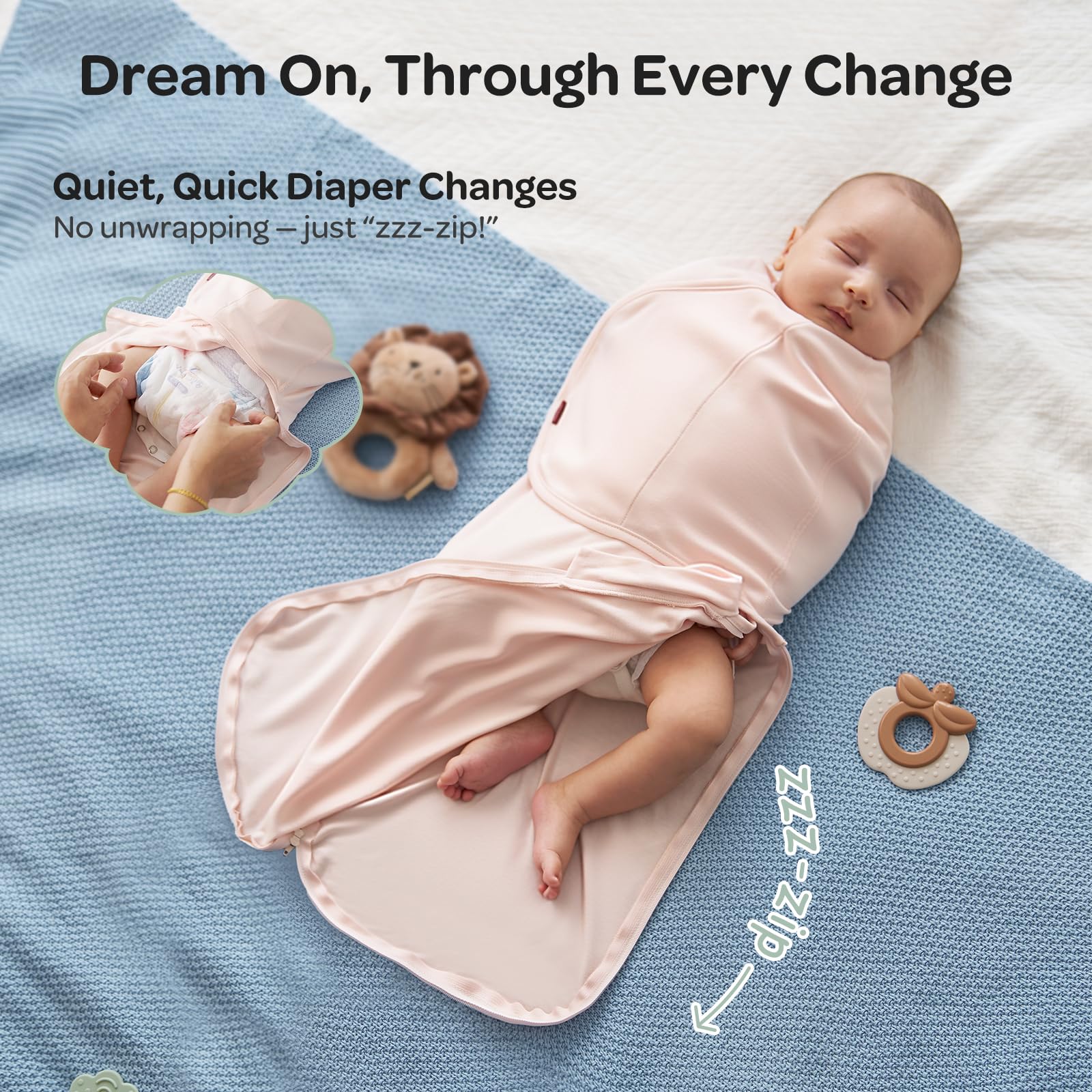 Momcozy swaddles bloom baby wearing shows cozy cradle-like setup for early feeding and soothing.