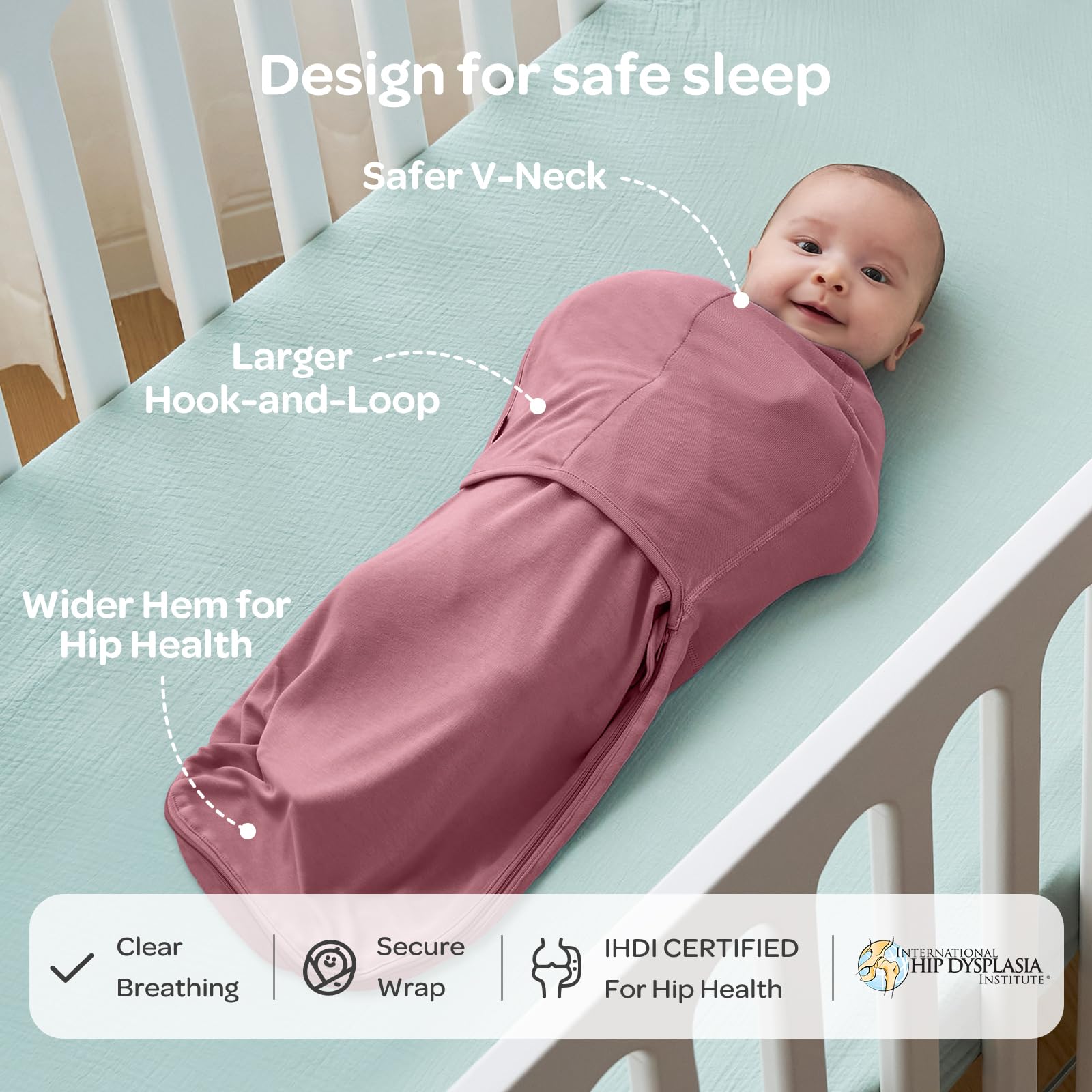 Momcozy swaddles bloom full body swaddle demonstrates secure leg-to-chest positioning for comfort.