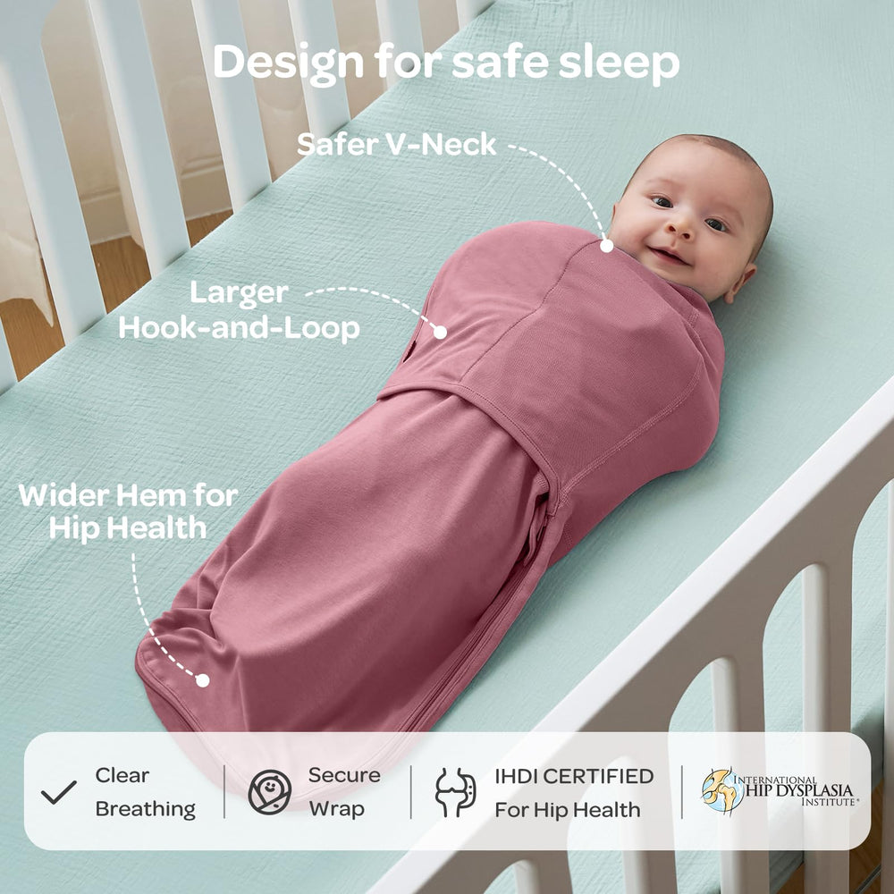 Momcozy swaddles bloom full body swaddle demonstrates secure leg-to-chest positioning for comfort.